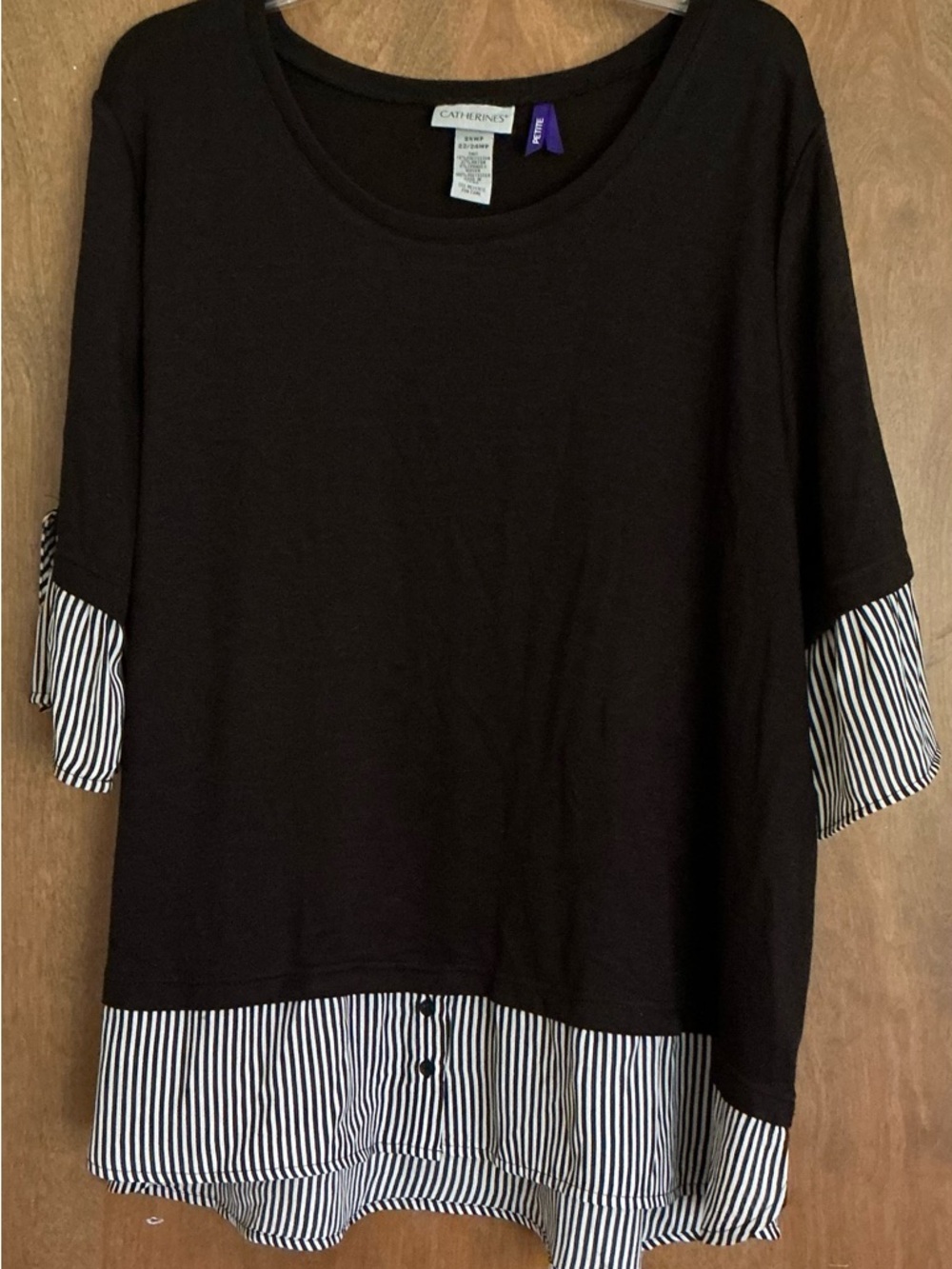 Catherines Black White Striped Knit Woven 3/4 Sleeve Layered Tunic Top 2X Petite